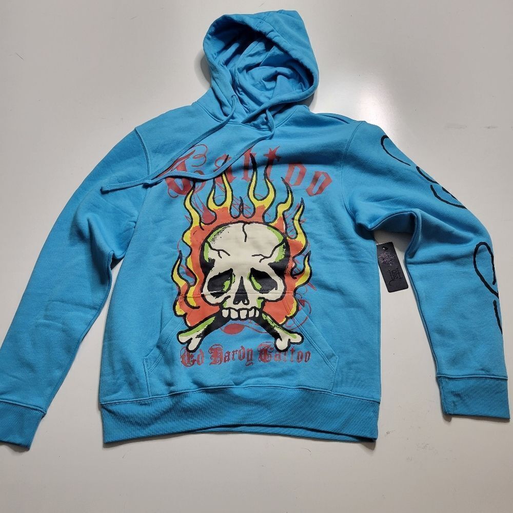 NEW ED HARDY FIRE SKULL TATTOO BURNING MAN BLUE SWEATSHIRT HOODIE M MEDIUM NWT